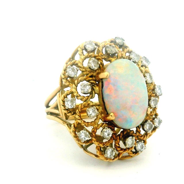 Vintage Italian Opal & Diamond Cocktail Ring | 14k Gold Mid-Century Statement, Size 6 For Sale - Image 13 of 16