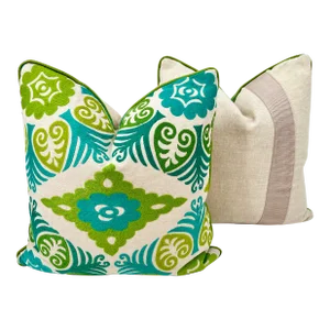 Manuel Canovas Green & Teal Embroidery & Linen Pillows- a Pair
