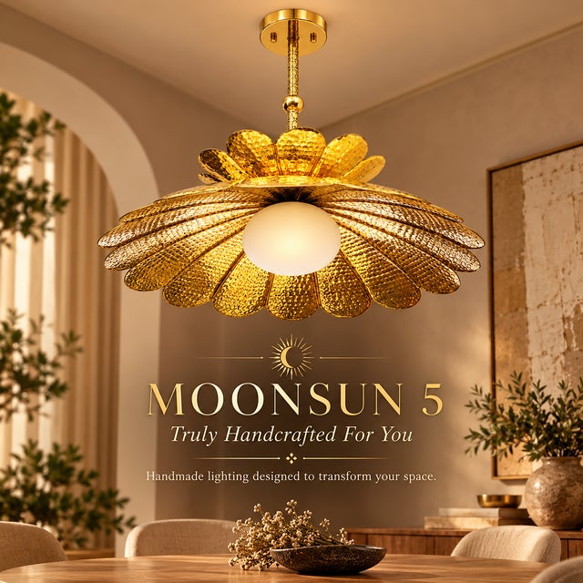 Not Yet Made - Made To Order Handmade Brass Flower Chandelier, Hammered Lotus Ceiling Light, Floral Pendant Fixture, Art Deco Lighting for Living Room and Bedroom For Sale - Image 5 of 13