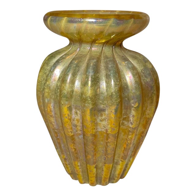 1991 Hand Blown Stephen Fellerman Aurene Iridescent Miniature Ribbed Glass Vase For Sale