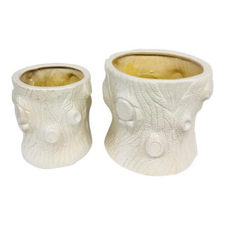 White Faux Bois Tree Trunk Planters - A Pair For Sale