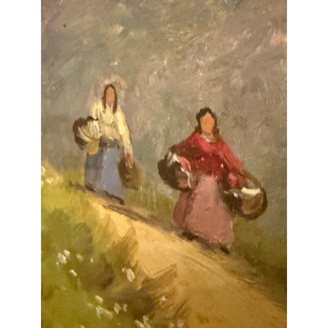 Original mid-century oil painting depicting a rural mountain path with figures, executed in warm, expressive brushwork....