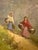 Original mid-century oil painting depicting a rural mountain path with figures, executed in warm, expressive brushwork....