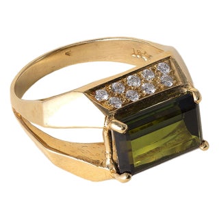 Mid 20th Century Estate 18k Gold Green Tourmaline Emerald Cut Diamond Pave Modernist Ring, Size 6.25 For Sale