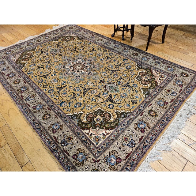 Tan Vintage Persian Tabriz Rug, Hand-Knotted Wool, Floral Pattern, Moss Green & Caramel, 7x10 For Sale - Image 8 of 18