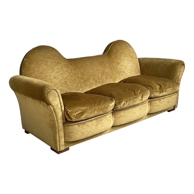 Mid-Century Modern Italian Yellow Velvet Sofa by Tito Agnoli for Poltrona Frau, 1950s For Sale