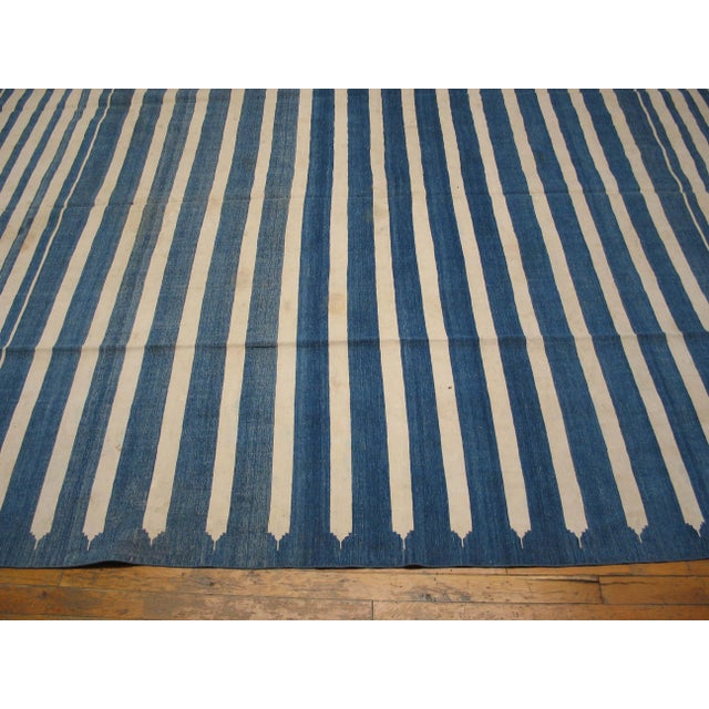 Indian 1930s Blue White Stripe Antique Indian Dhurrie Rug 7'9"x15'8" Flatweave Cotton Carpet For Sale - Image 3 of 6