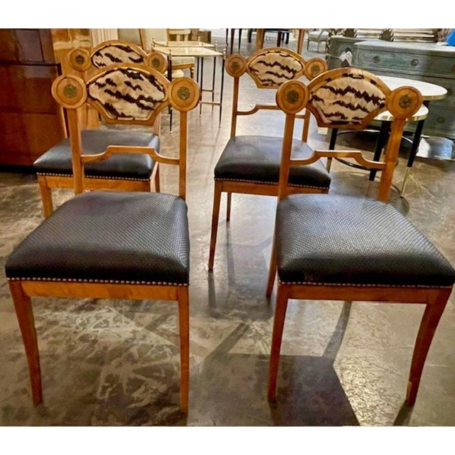 This set of 4 Biedermeier walnut side chairs features Scalamandre and leather upholstery, making them a stylish and unique...