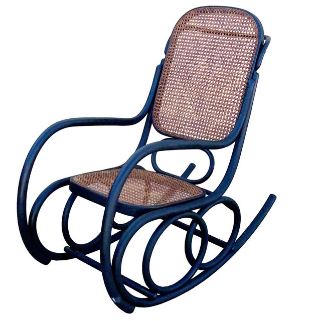 Victorian Early 20th Century Late Victorian Czechoslovakian Oak Scrolling Rocking Chair W/ Wicker Seat For Sale - Image 3 of 10