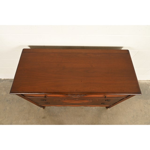 Berkey & Gay Style Antique Art Deco Carved Walnut Three-Drawer Dresser or Chest of Drawers, Circa 1930s For Sale - Image 12 of 15