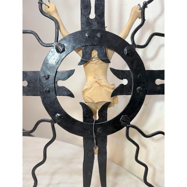 Large Vintage Carved Wood Wrought Iron Religious Wall Crucifix Cross Sculpture For Sale - Image 13 of 14