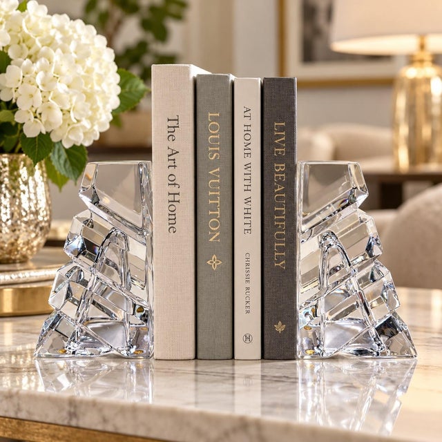 A striking pair of vintage Miller Rogaska crystal bookends featuring a bold geometric design with angular, sculptural...