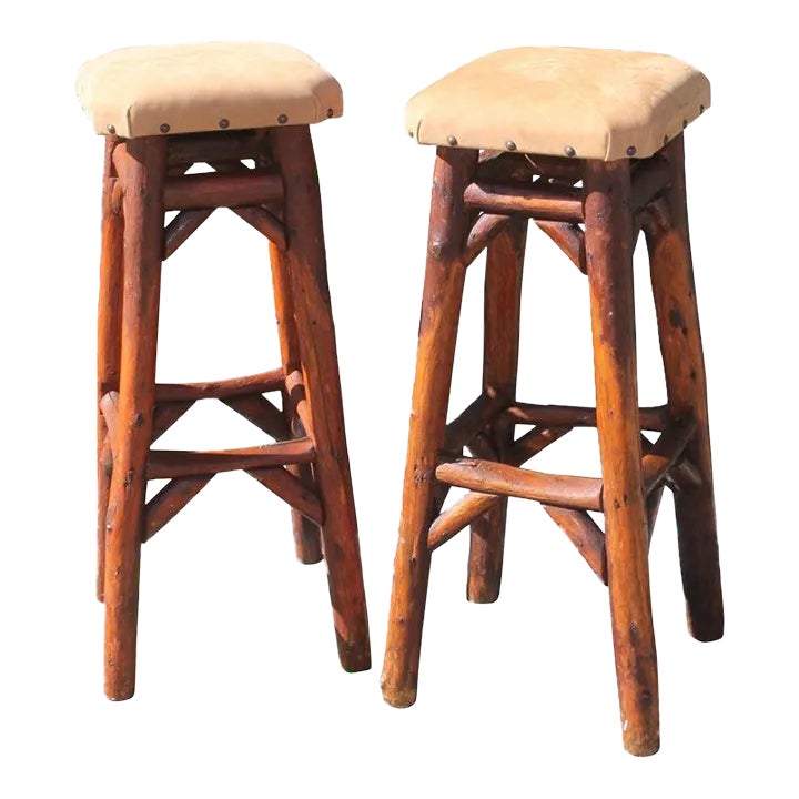Early Old Hickory Bar Stools W/ Suede SeatsPair Chairish