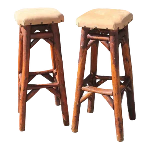 Early Old Hickory Bar Stools W/ Suede Seats-Pair