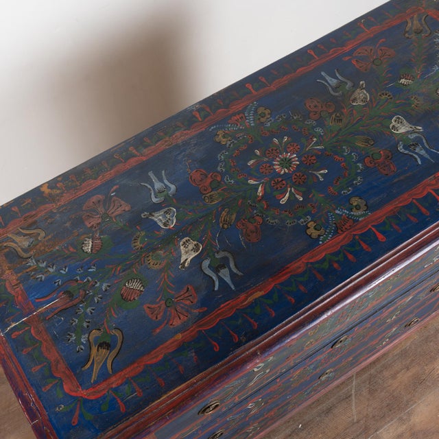 Folk Art Late 19th Century Original Hand Painted Blue Blanket Chest of Three Drawers From Hungary For Sale - Image 3 of 18