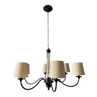 1990s Restoration Hardware Traditional 6 Arm Iron Chandelier With Linen Shades For Sale