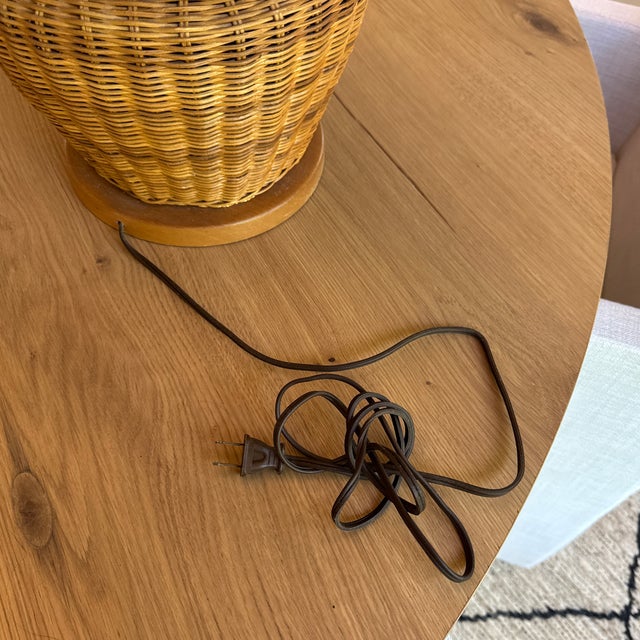 Mid 20th Century Monumental Vintage Wicker Table Lamp With Matching Dome Shaped Shade For Sale - Image 5 of 11