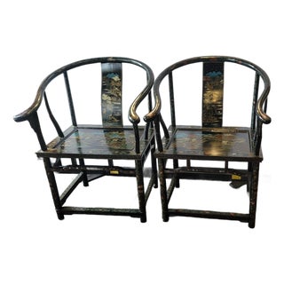Chinese Horseshoe Chairs Black Lacquer Hand Painted Pair For Sale