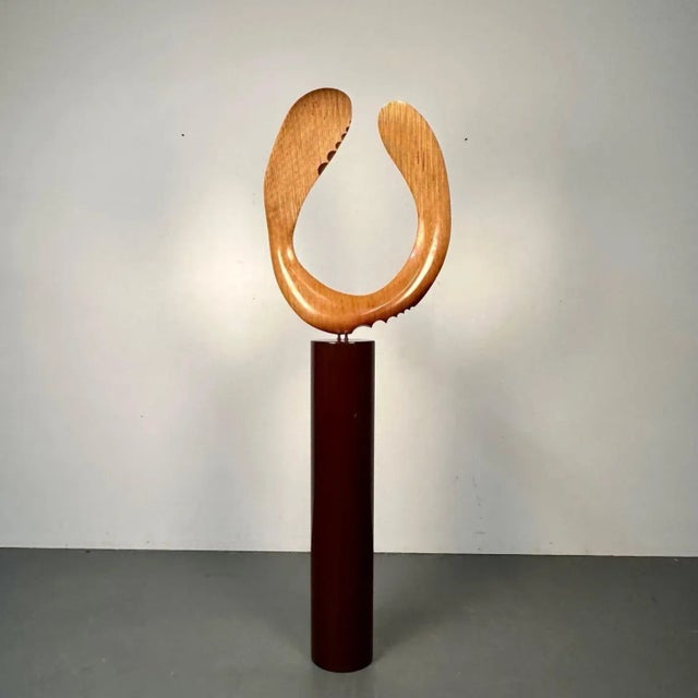 Modern Boomerang Wooden Sculpture on Steel Pedestal by David Hymes, Contemporary A laminated plywood 'Boomerang' sculpture...