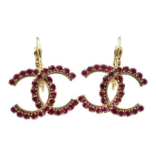 Chanel Gold CC Fuchsia Crystal Lever Back Piercing Earrings, A Pair For Sale