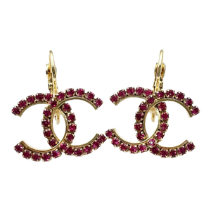 Chanel Gold CC Fuchsia Crystal Lever Back Piercing Earrings, A Pair