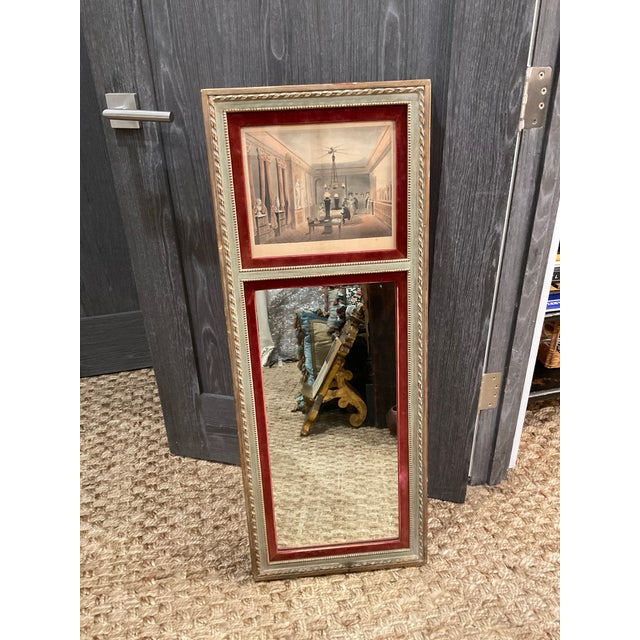 Antique European wall piece featuring a two-part vertical composition with a framed academic interior print above a mirror...