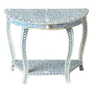 Vivienne 37.5 in. W Demilune Bone Inlay 1 Drawer Console Table with Lower Open Shelf, Blue Bone Inlay For Sale