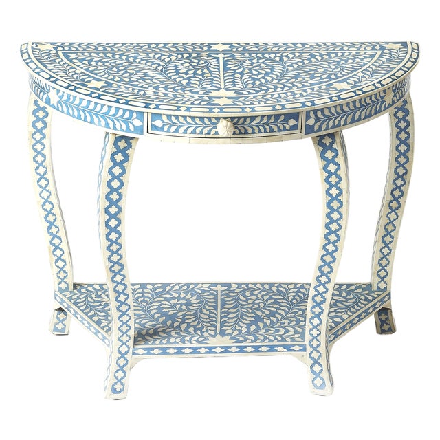 Vivienne 37.5 in. W Demilune Bone Inlay 1 Drawer Console Table with Lower Open Shelf, Blue Bone Inlay For Sale