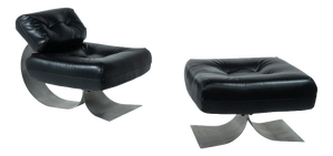 Black Leather Model Alta Lounge Chair and Ottoman attributed to Oscar Niemeyer, 1970, Set of 2