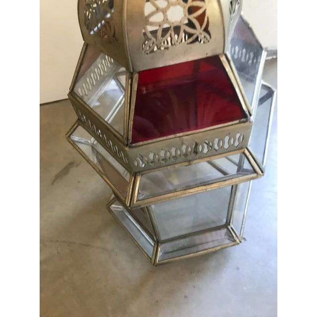 Moroccan Pierced Brass and Colored Glass Lantern For Sale In Los Angeles - Image 6 of 8