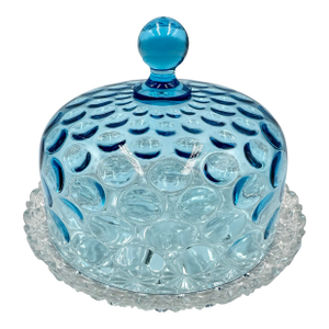 Early 19th Century Hobb's Blue Inverted Thumbprint Victorian Glass Butter Dish Daisy & Button Base