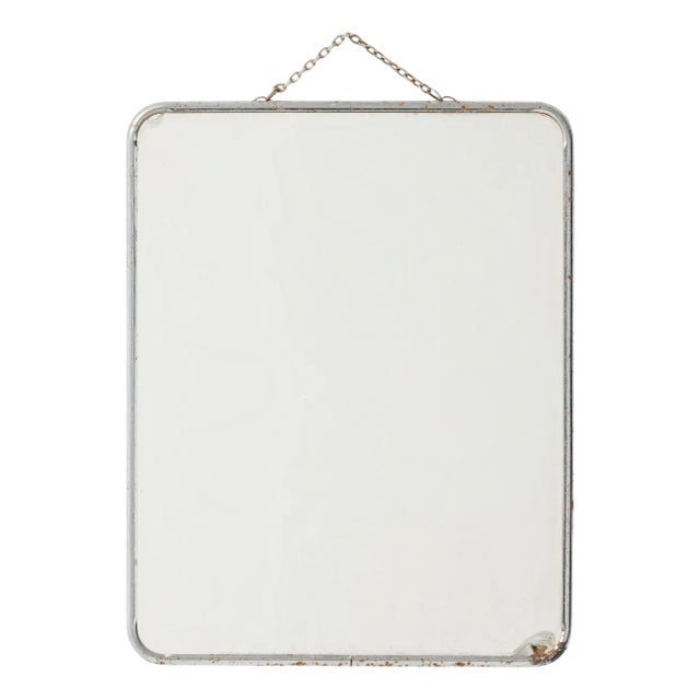 Vintage French Metal-Framed Mirror with Rounded Corners and Chain, 1940s For Sale