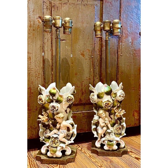 Late 19th Century Antique Hand Painted Porcelain Urn Table Lamps in the Style of Capodimonte on Engraved Brass Pedestal Bases- a Pair For Sale - Image 5 of 12