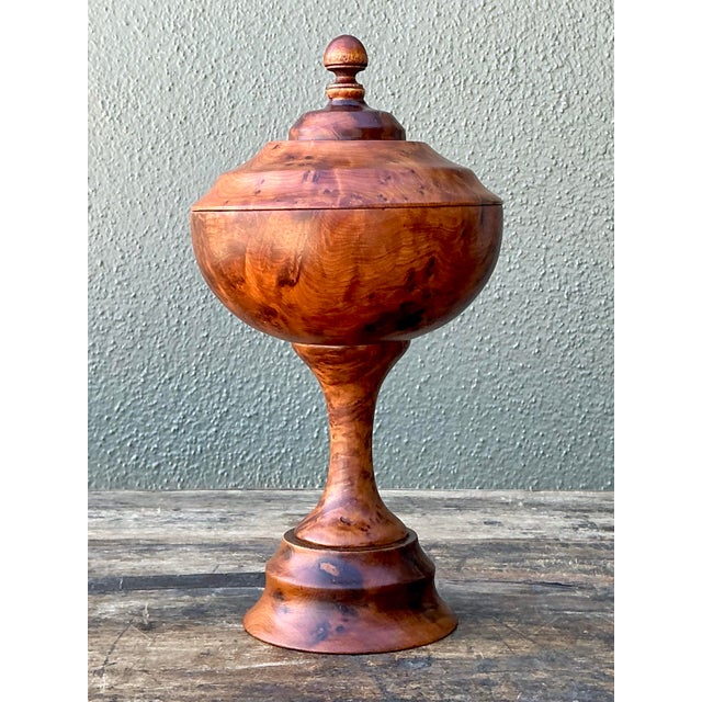 Brown Vintage Turned Burl Wood Lidded Bowl on Pedestal For Sale - Image 8 of 12