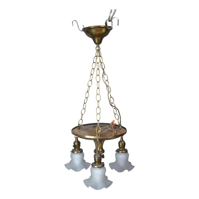 Antique Victorian Brass Ruffled Glass 3 Light Parlor Pendant Light Chandelier For Sale