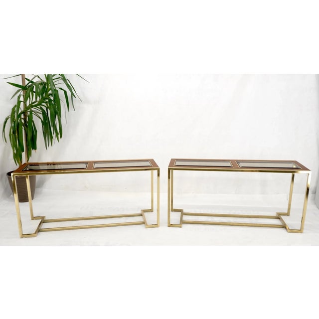 Pair of Smoked Glass Tops Walnut Brass Console Sofa Tables Mid-Century Modern For Sale - Image 10 of 13