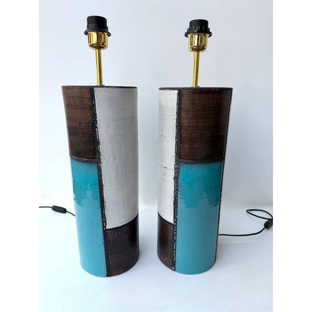 Blue Mid-Century Pair of Ceramic Lamps Mondrian by Bitossi. Italy, 1990s For Sale - Image 8 of 13