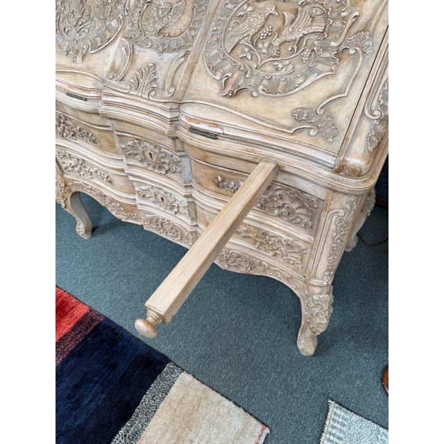 Wood French Bleached + Carved Oak Wood Louis XV Secretary For Sale - Image 7 of 12
