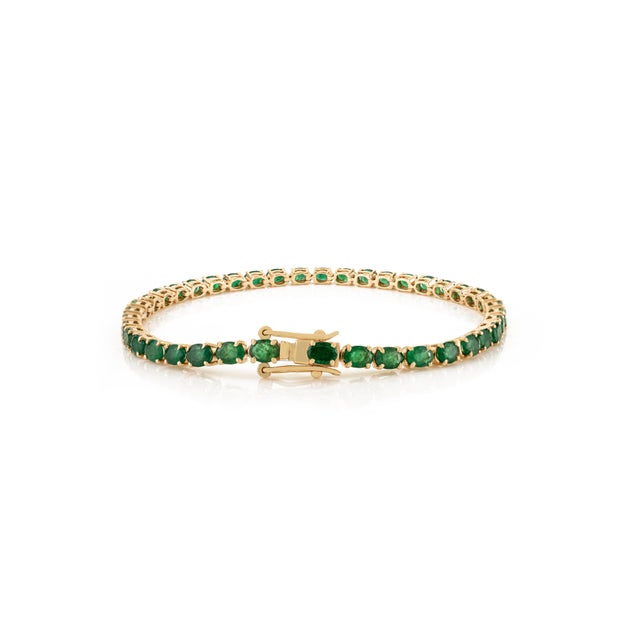 Metal 5.41ct Oval Cut Natural Zambian Emerald Sleek Tennis Bracelet in 14k Yellow Gold For Sale - Image 7 of 14