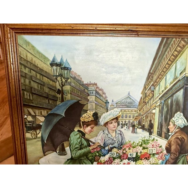 French Vintage Oil Painting Signed H. Remande Framed 26x24 Paris France Flower Cart For Sale - Image 3 of 10