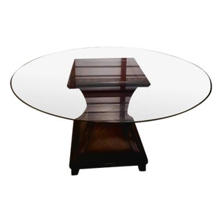 Large Dining Glass Table With Wooded Base For Sale