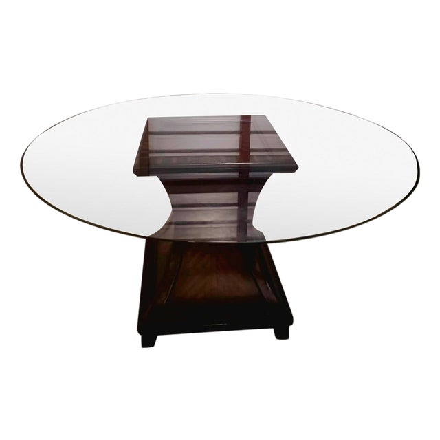 Large Dining Glass Table With Wooded Base For Sale