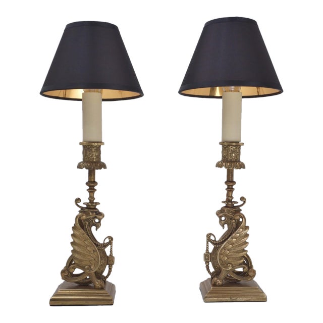 1880's English Antique Victorian Gothic Revival Mythological Griffins Lions Candlestick Table Lamps, Gilt Bronze - A Pair, Rewired For Sale