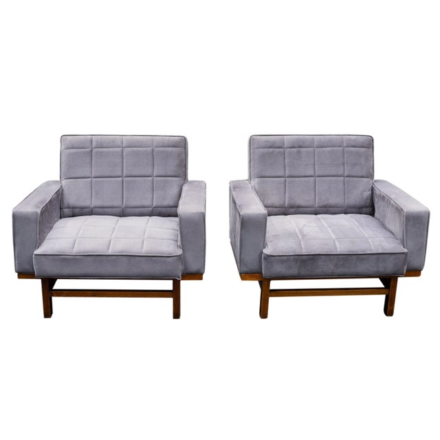 Slate Gray Pair of Mid-Century Modern Upholstered Walnut Lounge Chairs, Italian, Ca. 1967 For Sale - Image 8 of 8