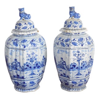 Pair of Late 18th C. French Earthenware Jars With Lions Head Details For Sale