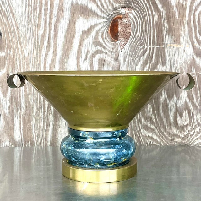 Mid-Century Modern Vintage Boho Hand Painted Brass Centerpiece Bowl For Sale - Image 3 of 7