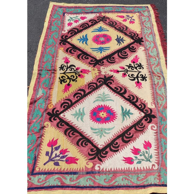 Mid 20th Century Antique Uzbekistan Suzani Textile With Colorful Geometric Medallion Design For Sale - Image 5 of 15