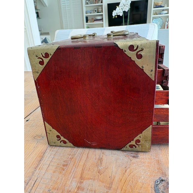 Vintage Chinese Mahjong Set, Bone & Bamboo Tiles, 5-Drawer Rosewood Case With Brass Hardware For Sale In Houston - Image 6 of 13