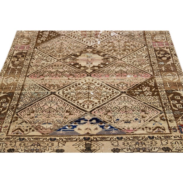 Persian 1960s Vintage Distressed Handmade Floral Beige Wool Rug For Sale - Image 3 of 9