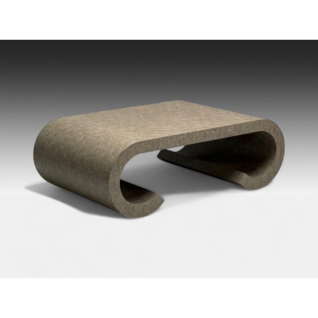 Karl Springer Style, Mid-Century Modern, Grey Faux Shagreen, Coffee Table, 1980s A large rectangular coffee table in the...